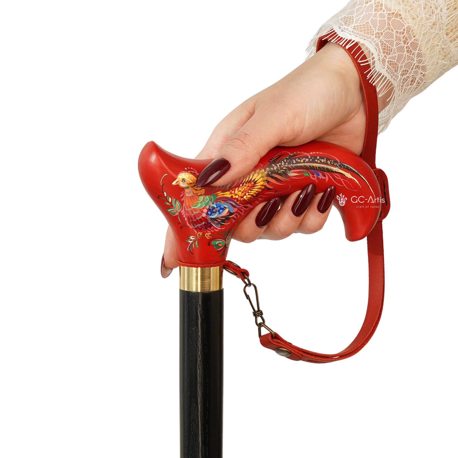 Classic Hand-painted walking stick - Pheasant bird - wooden cane for Ladies with comfortable derby handle - GCArtis - Flowered Ladies canes - Bronze, wood