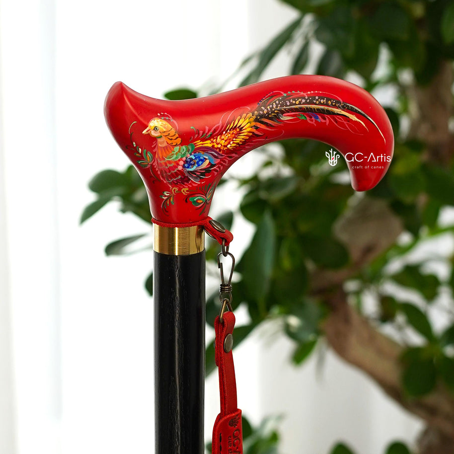 Classic Hand-painted walking stick - Pheasant bird - wooden cane for Ladies with comfortable derby handle - GCArtis - Flowered Ladies canes - Bronze, wood
