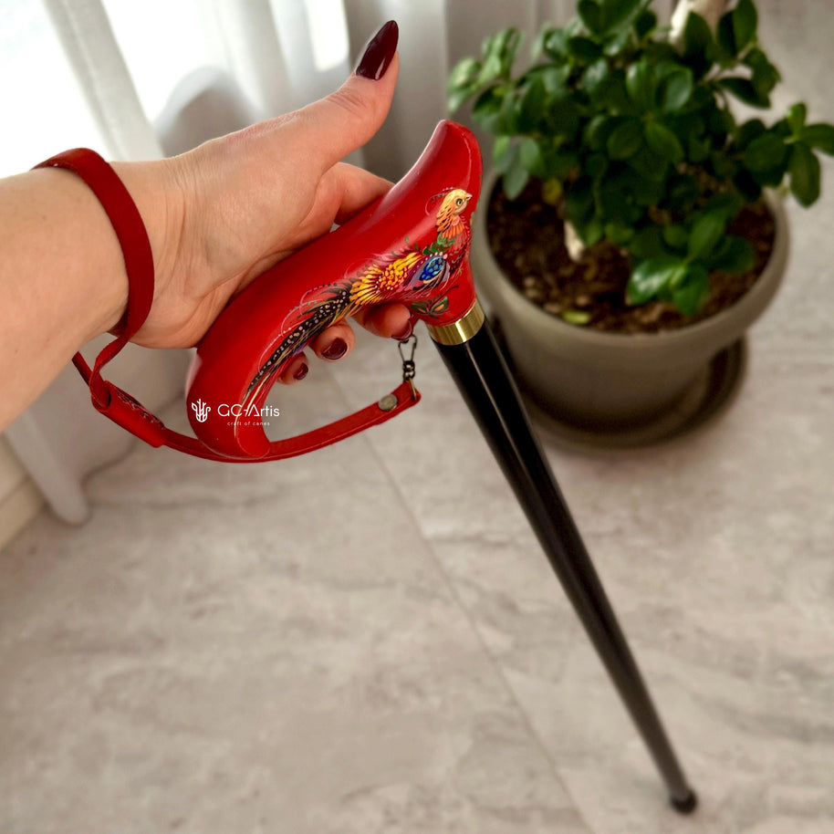 Classic Hand-painted walking stick - Pheasant bird - wooden cane for Ladies with comfortable derby handle - GCArtis - Flowered Ladies canes - Bronze, wood