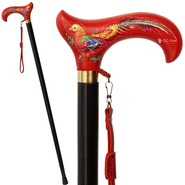 Classic Hand-painted walking stick - Pheasant bird - wooden cane for Ladies with comfortable derby handle - GCArtis - Flowered Ladies canes - Bronze, wood
