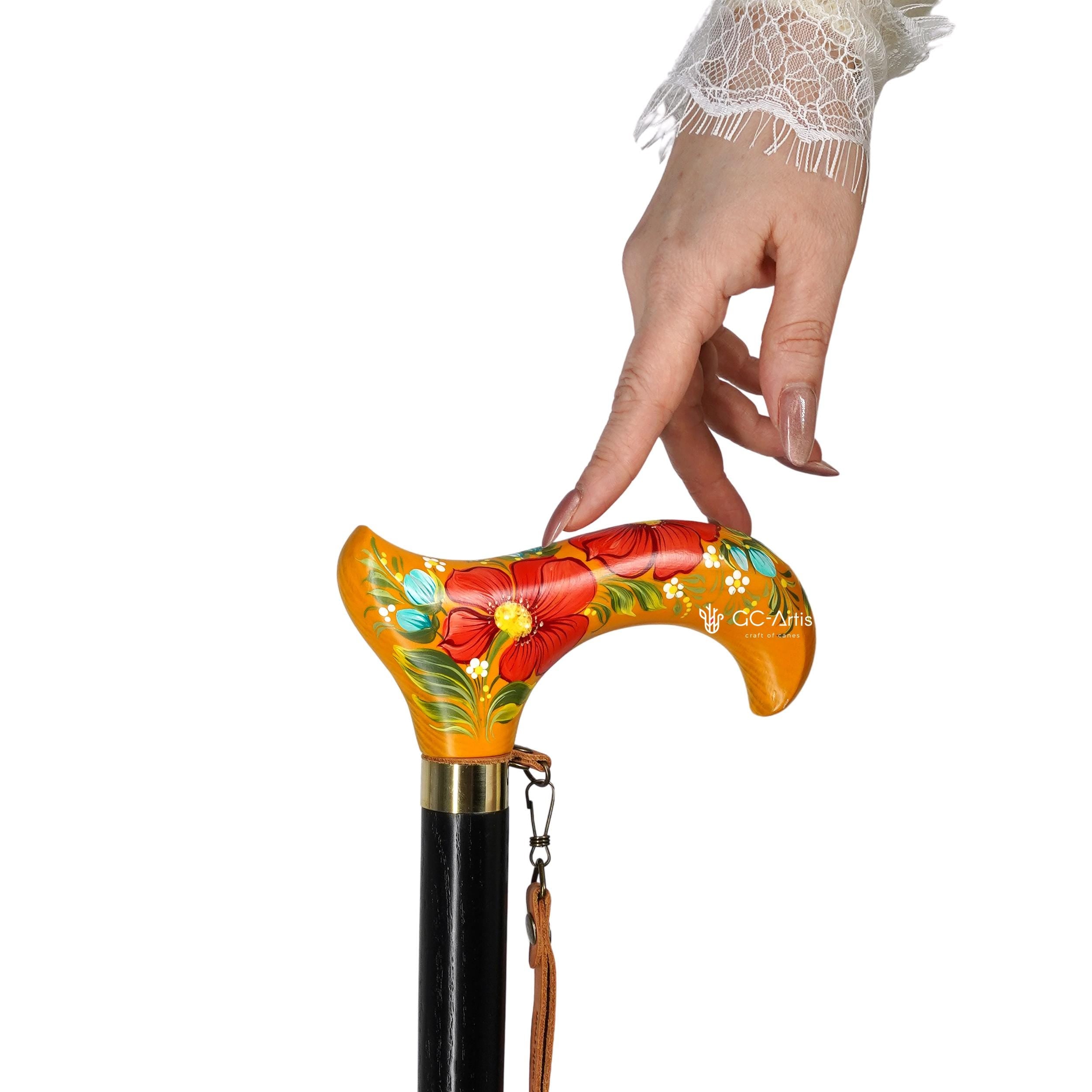 Bee in the Honey Garden - yellow Hand-painted Walking Stick Cane, derby handle gift for mom grandma - GCArtis - Flowered Ladies canes - Bronze, wood