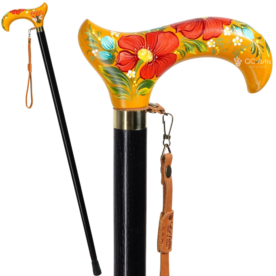 Bee in the Honey Garden - yellow Hand-painted Walking Stick Cane, derby handle gift for mom grandma - GCArtis - Flowered Ladies canes - Bronze, wood
