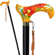 Bee in the Honey Garden - yellow Hand-painted Walking Stick Cane, derby handle gift for mom grandma - GCArtis - Flowered Ladies canes - Bronze, wood