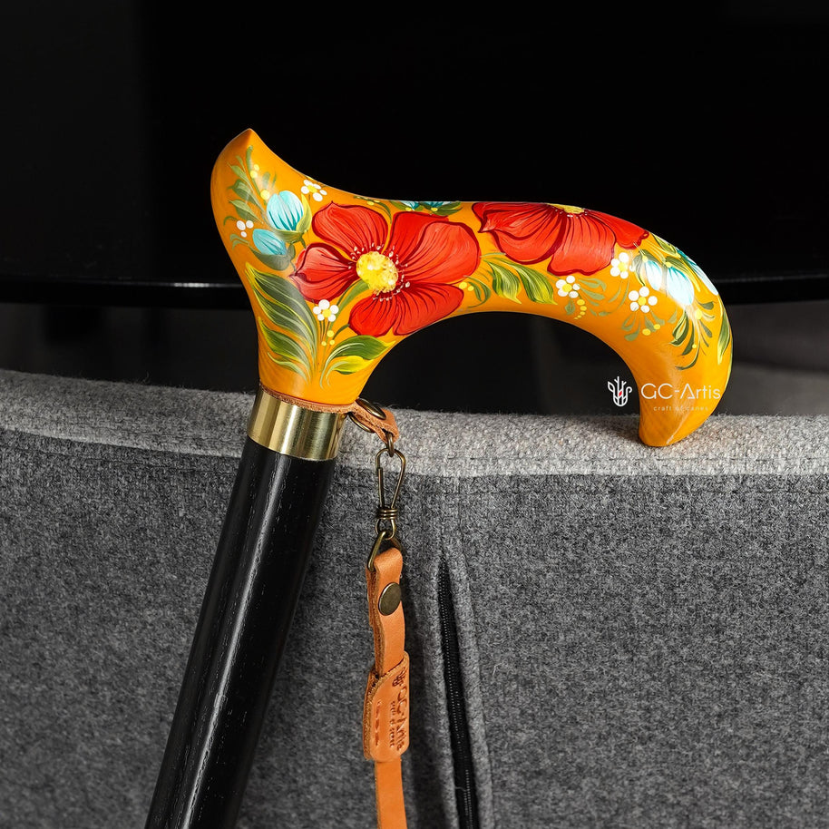 Bee in the Honey Garden - yellow Hand-painted Walking Stick Cane, derby handle gift for mom grandma - GCArtis - Flowered Ladies canes - Bronze, wood