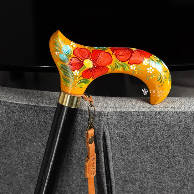 Bee in the Honey Garden - yellow Hand-painted Walking Stick Cane, derby handle gift for mom grandma - GCArtis - Flowered Ladies canes - Bronze, wood