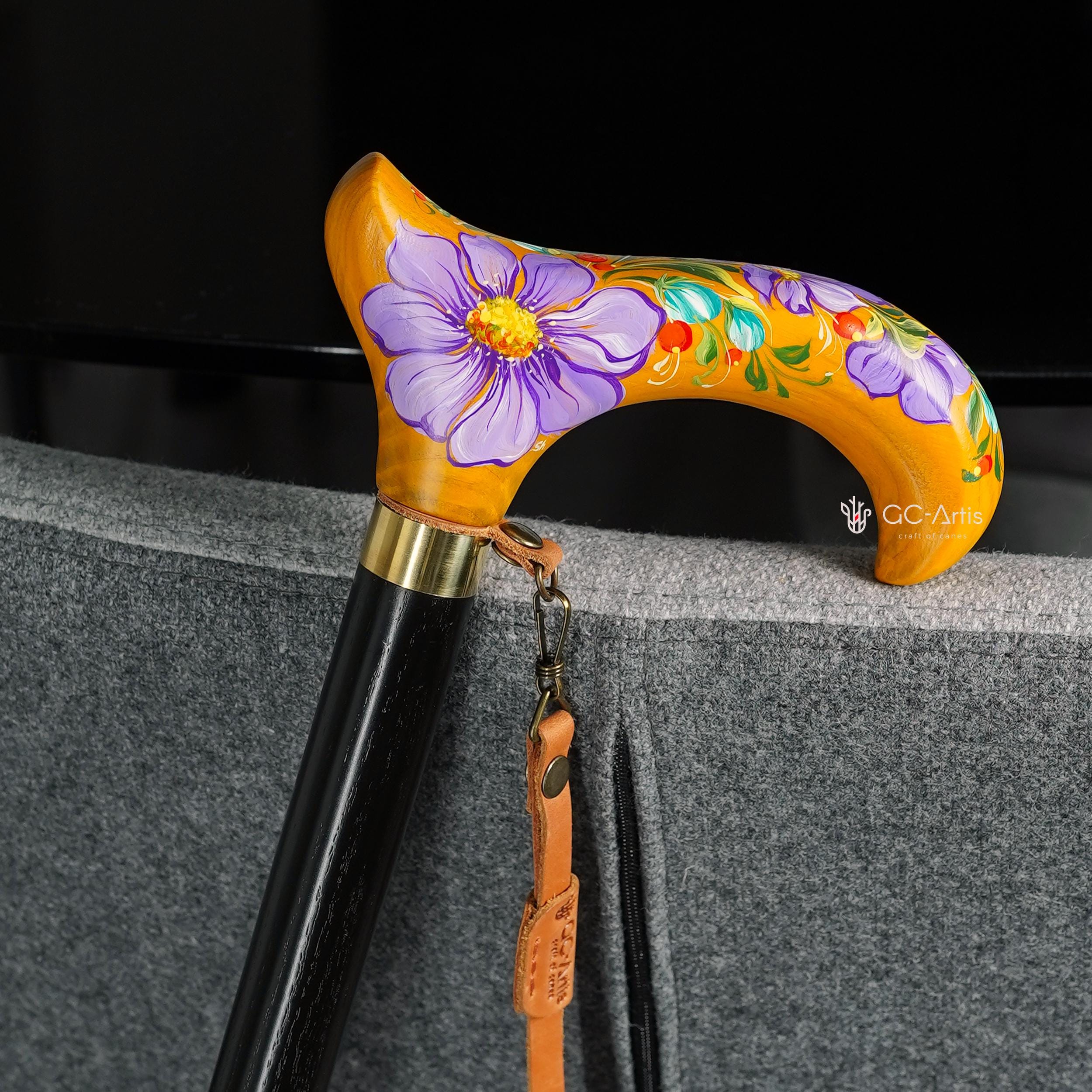 Bee in the Honey Garden - yellow Hand-painted Walking Stick Cane, derby handle gift for mom grandma - GCArtis - Flowered Ladies canes - Bronze, wood