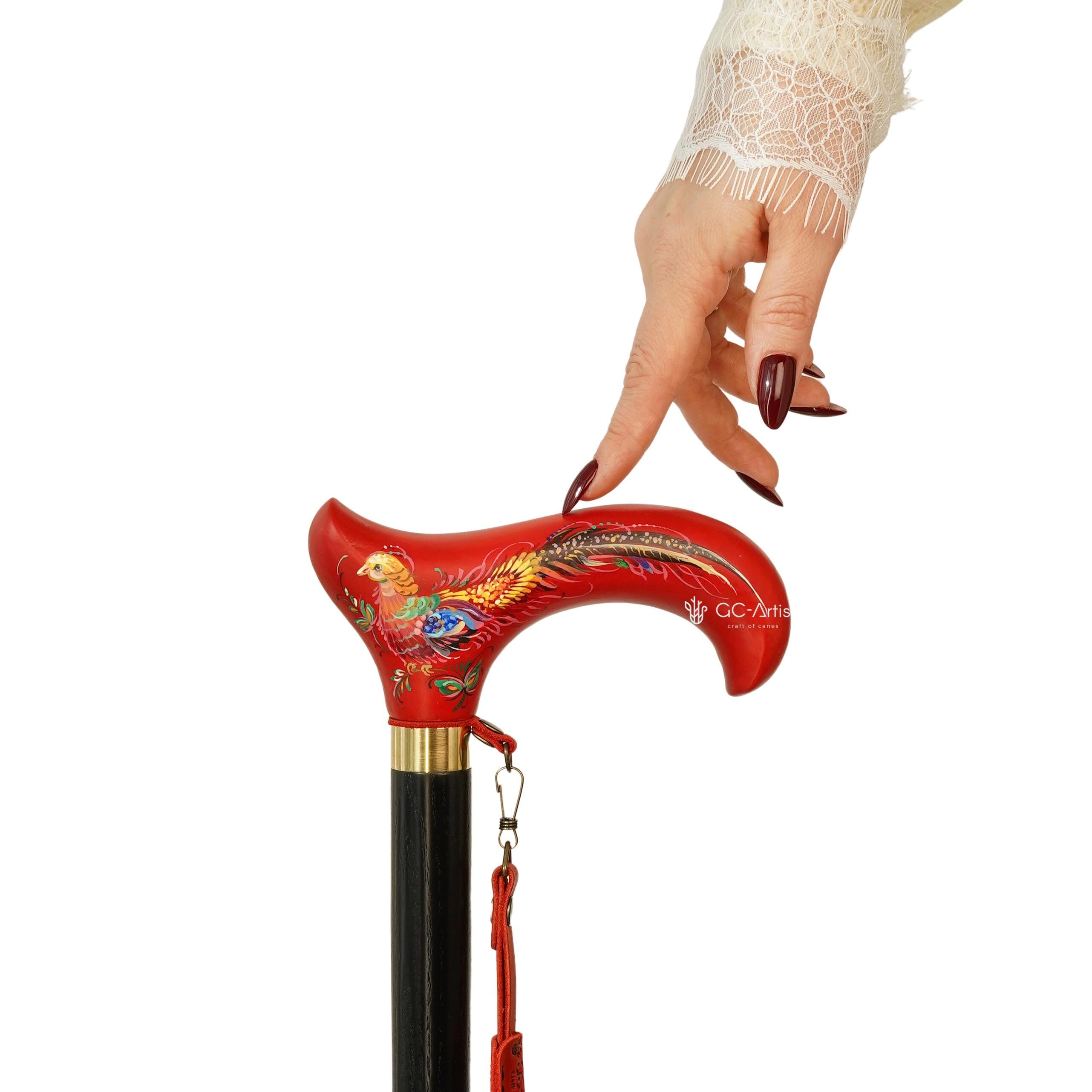 Classic Hand-painted walking stick - Pheasant bird - wooden cane for Ladies with comfortable derby handle - GCArtis - Flowered Ladies canes - Bronze, wood