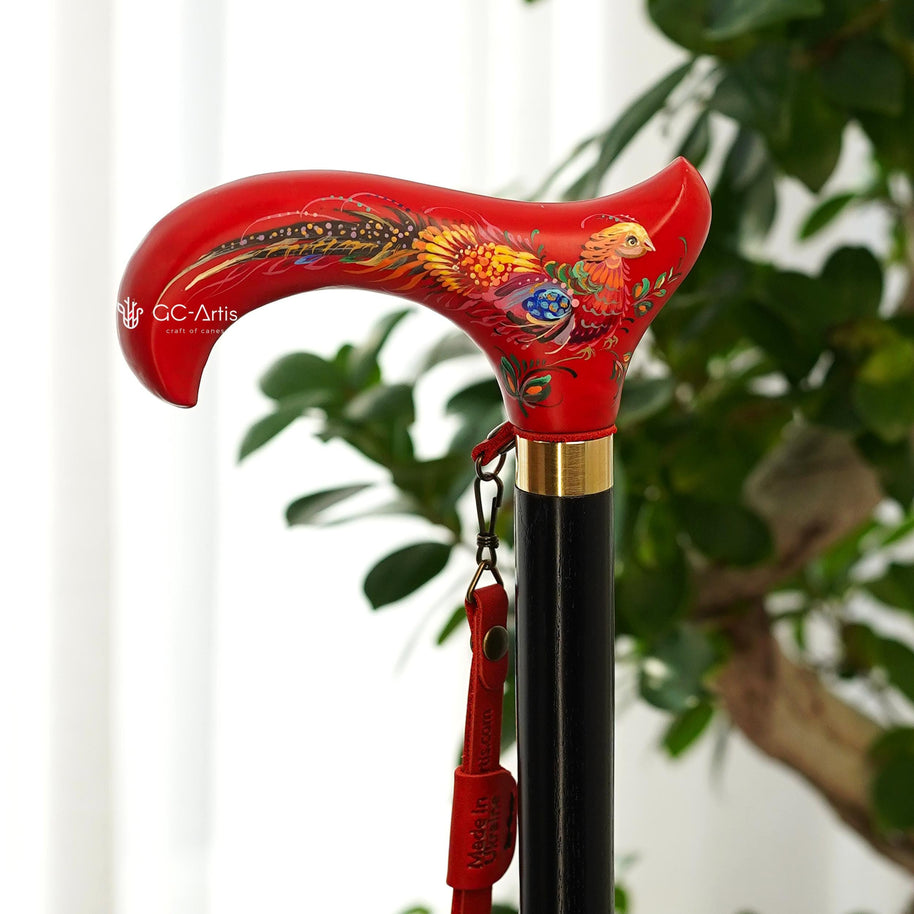 Classic Hand-painted walking stick - Pheasant bird - wooden cane for Ladies with comfortable derby handle - GCArtis - Flowered Ladies canes - Bronze, wood