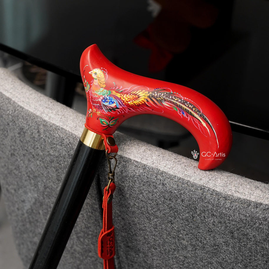 Classic Hand-painted walking stick - Pheasant bird - wooden cane for Ladies with comfortable derby handle - GCArtis - Flowered Ladies canes - Bronze, wood