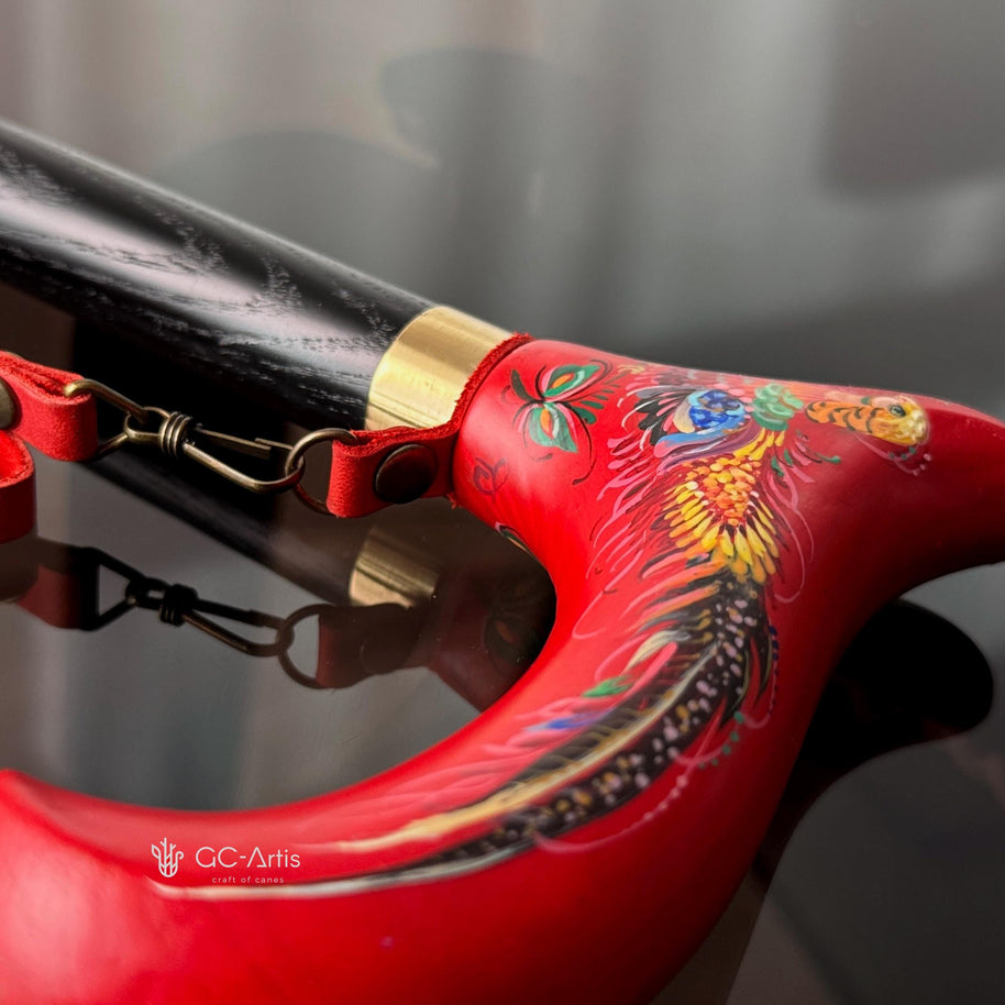 Classic Hand-painted walking stick - Pheasant bird - wooden cane for Ladies with comfortable derby handle - GCArtis - Flowered Ladies canes - Bronze, wood