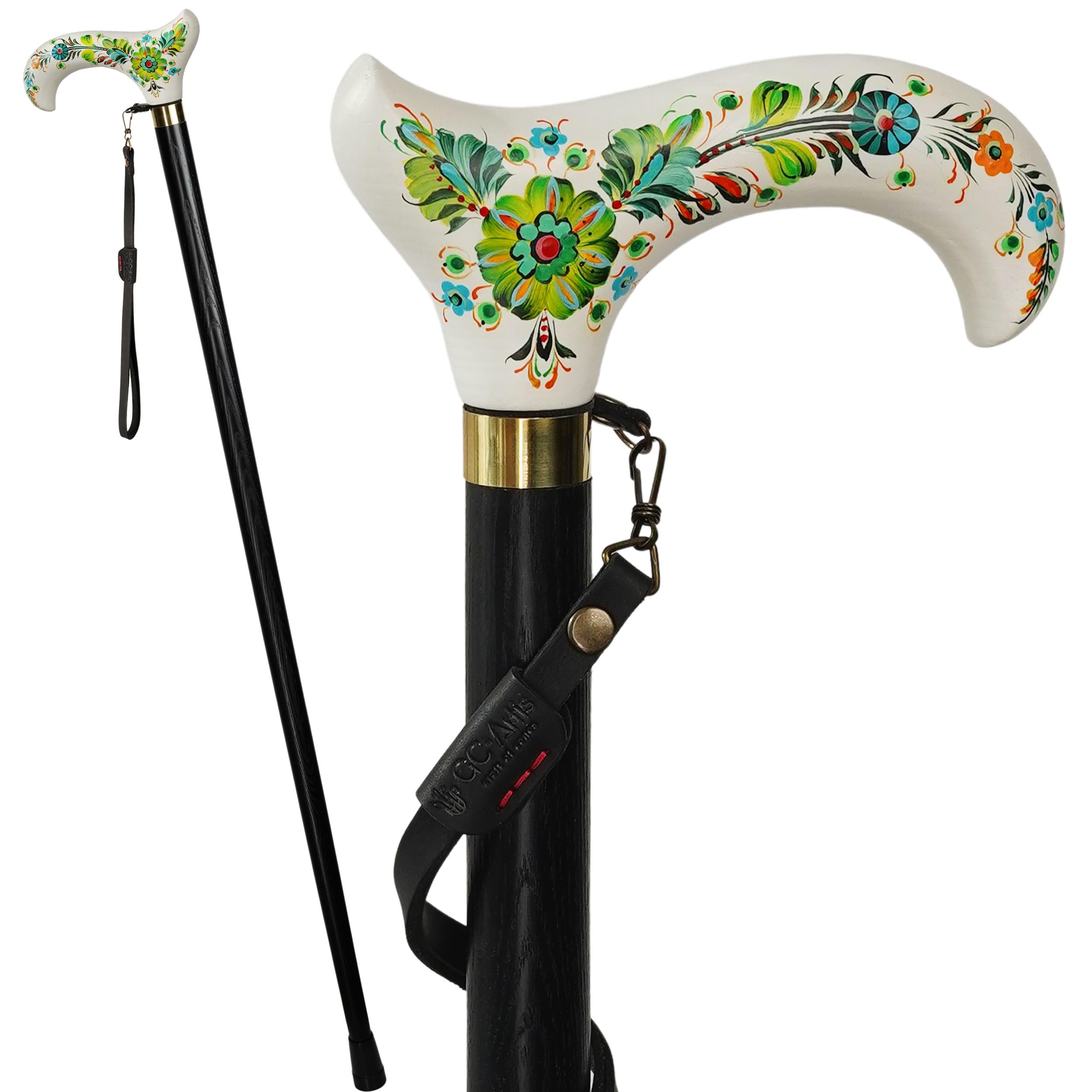 Emerald Melody on White Hand Painted – Hand-Painted Artisan Walking Cane - GCArtis - Flowered Ladies canes - Bronze, wood
