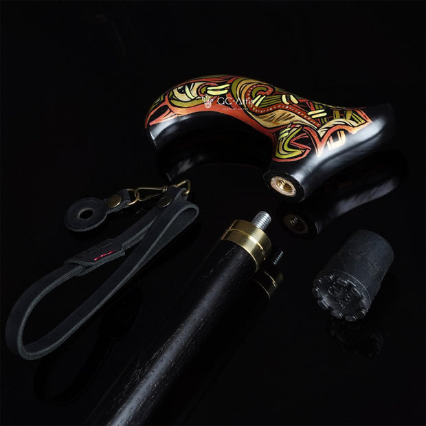 Celtic Raven Walking Stick Black – Hand Painted Wooden Cane, Brass decor, Derby Handle – 36" - GCArtis - Classic Wooden Canes - 