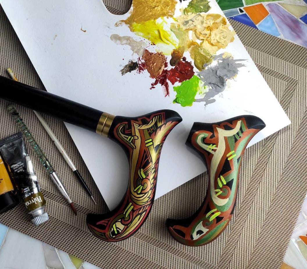 Celtic Raven Walking Stick Black – Hand Painted Wooden Cane, Brass decor, Derby Handle – 36