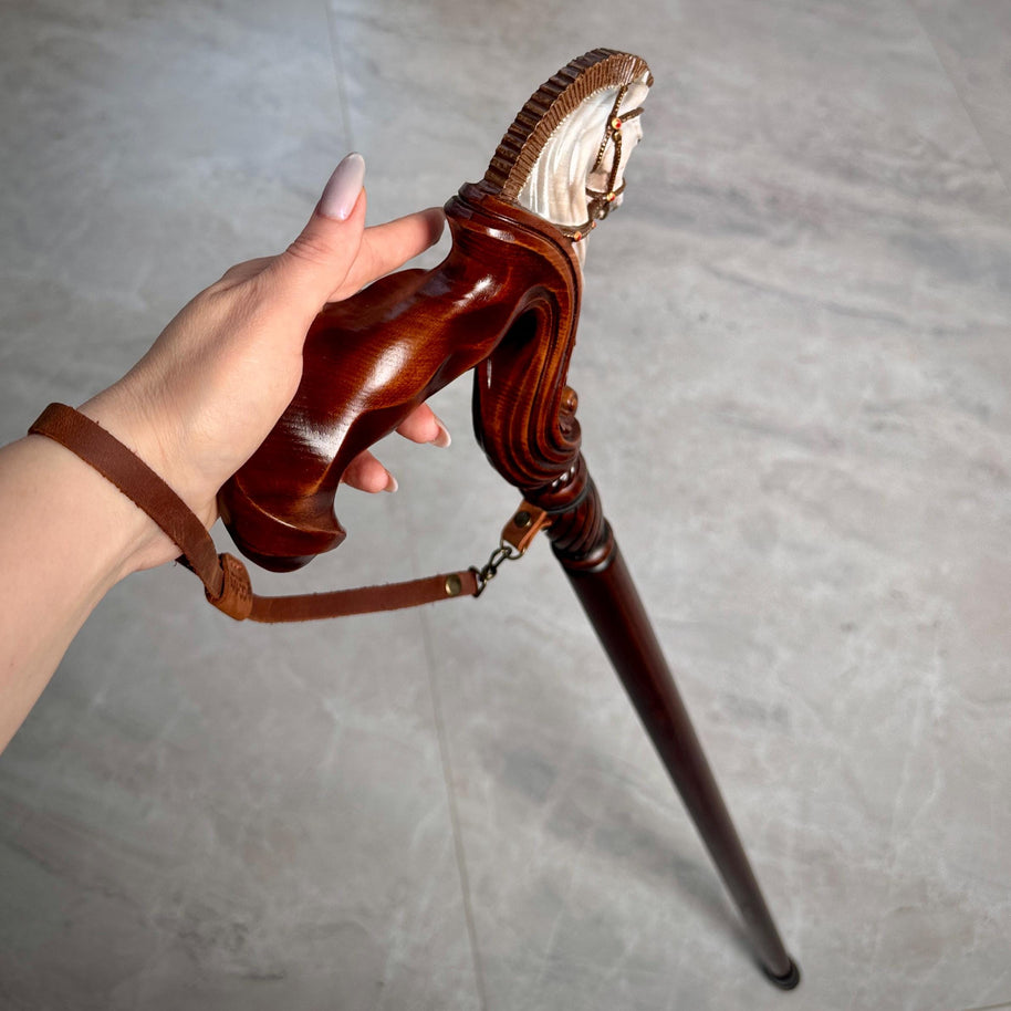 Hand Painted Pegasus Wood Carved Walking Stick Cane: Ergonomic Wooden Horse Head - GCArtis - Ergonomic Handle Canes - 