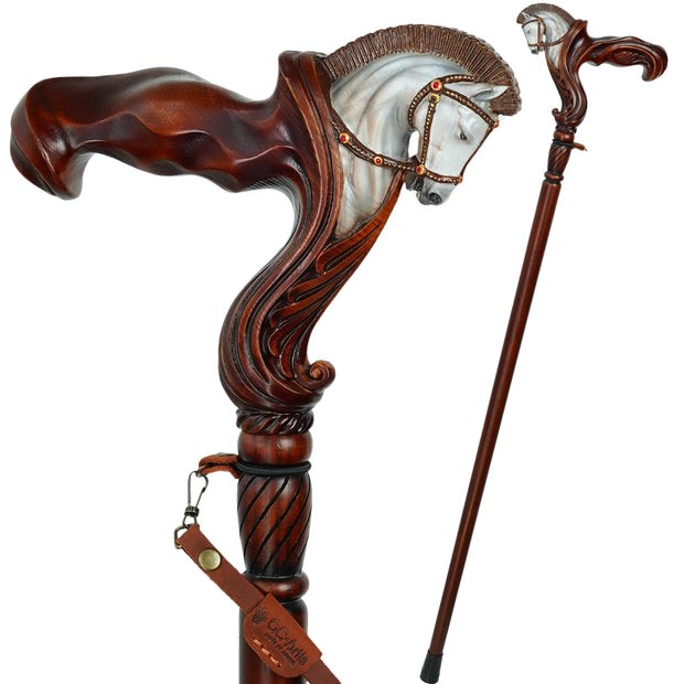 Hand Painted Pegasus Wood Carved Walking Stick Cane: Ergonomic Wooden Horse Head - GCArtis - Ergonomic Handle Canes -