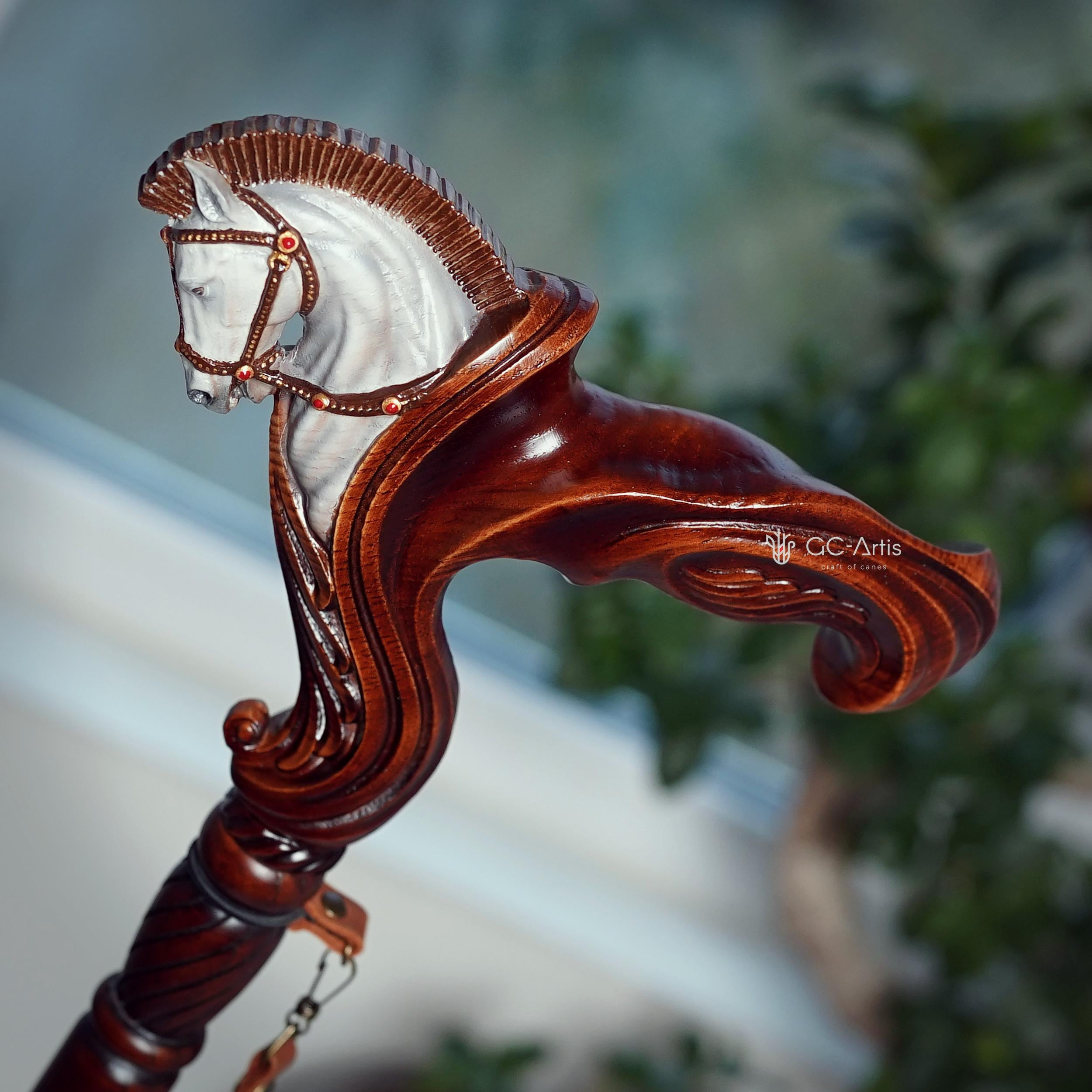 Hand Painted Pegasus Wood Carved Walking Stick Cane: Ergonomic Wooden Horse Head - GCArtis - Ergonomic Handle Canes - 