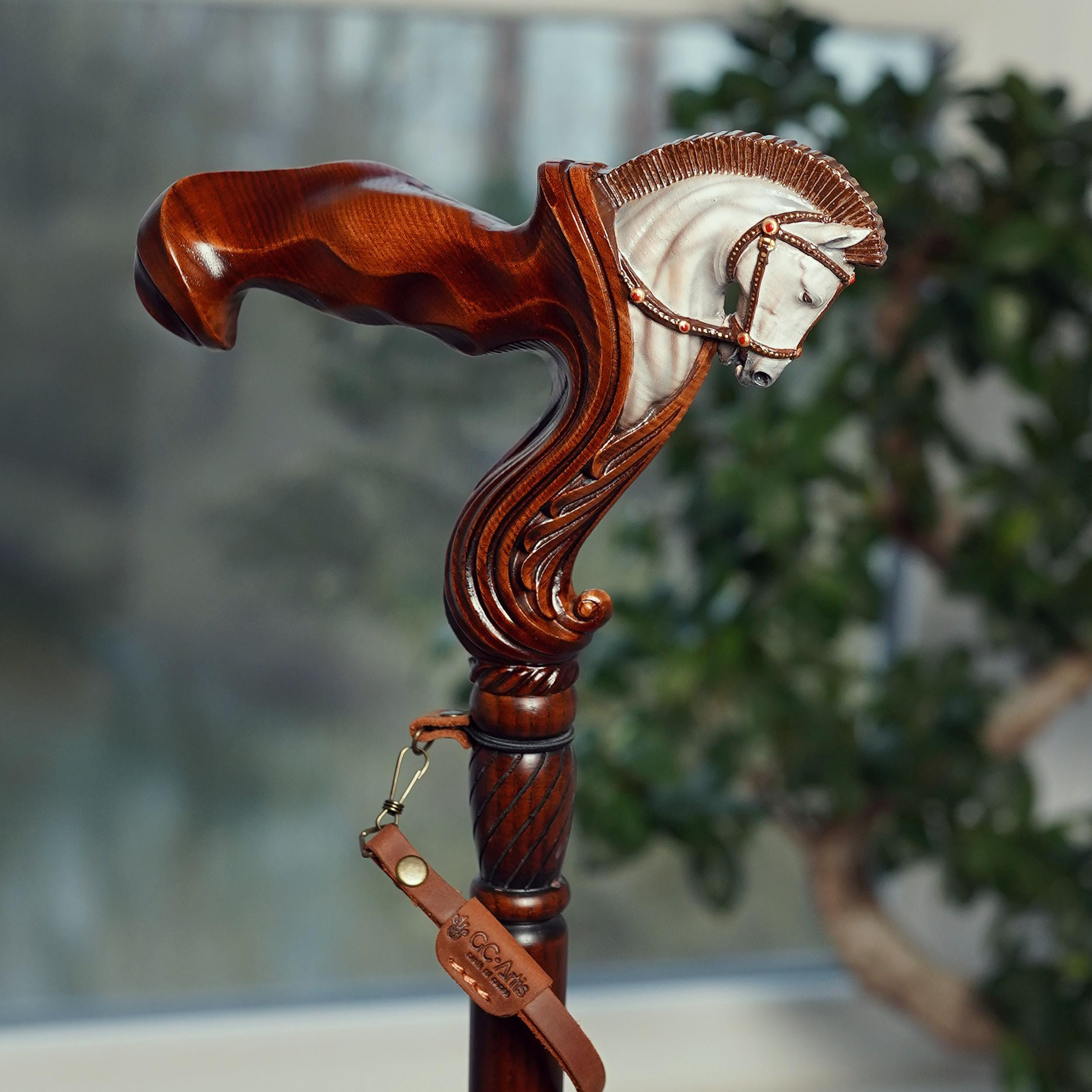 Hand Painted Pegasus Wood Carved Walking Stick Cane: Ergonomic Wooden Horse Head - GCArtis - Ergonomic Handle Canes - 
