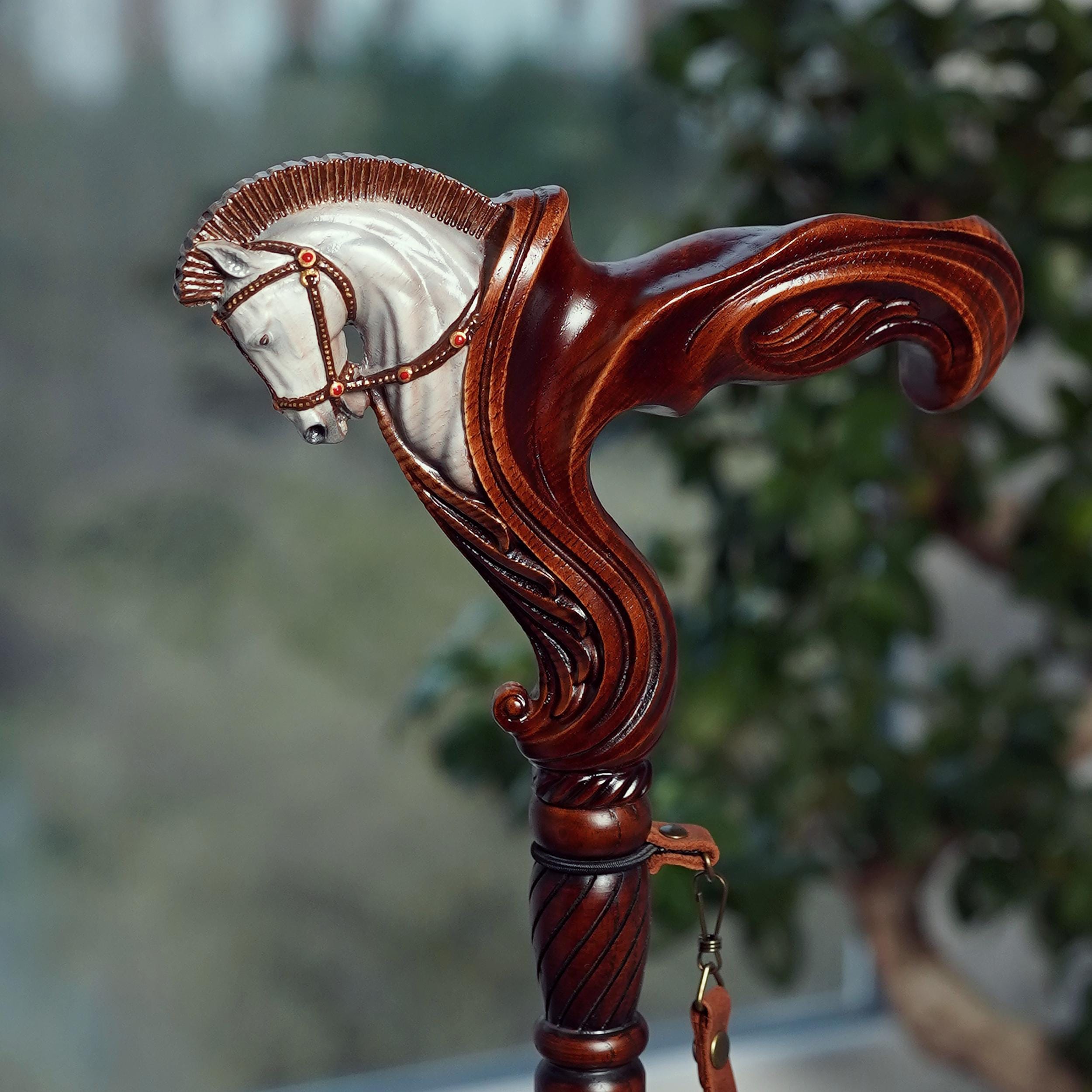 Hand Painted Pegasus Wood Carved Walking Stick Cane: Ergonomic Wooden Horse Head - GCArtis - Ergonomic Handle Canes - 