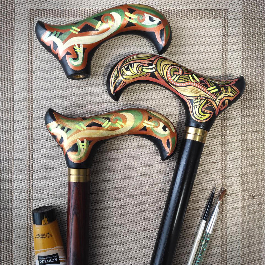 Celtic Raven Walking Stick Black – Hand Painted Wooden Cane, Brass decor, Derby Handle – 36