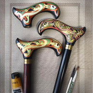 Celtic Raven Walking Stick Black – Hand Painted Wooden Cane, Brass decor, Derby Handle – 36
