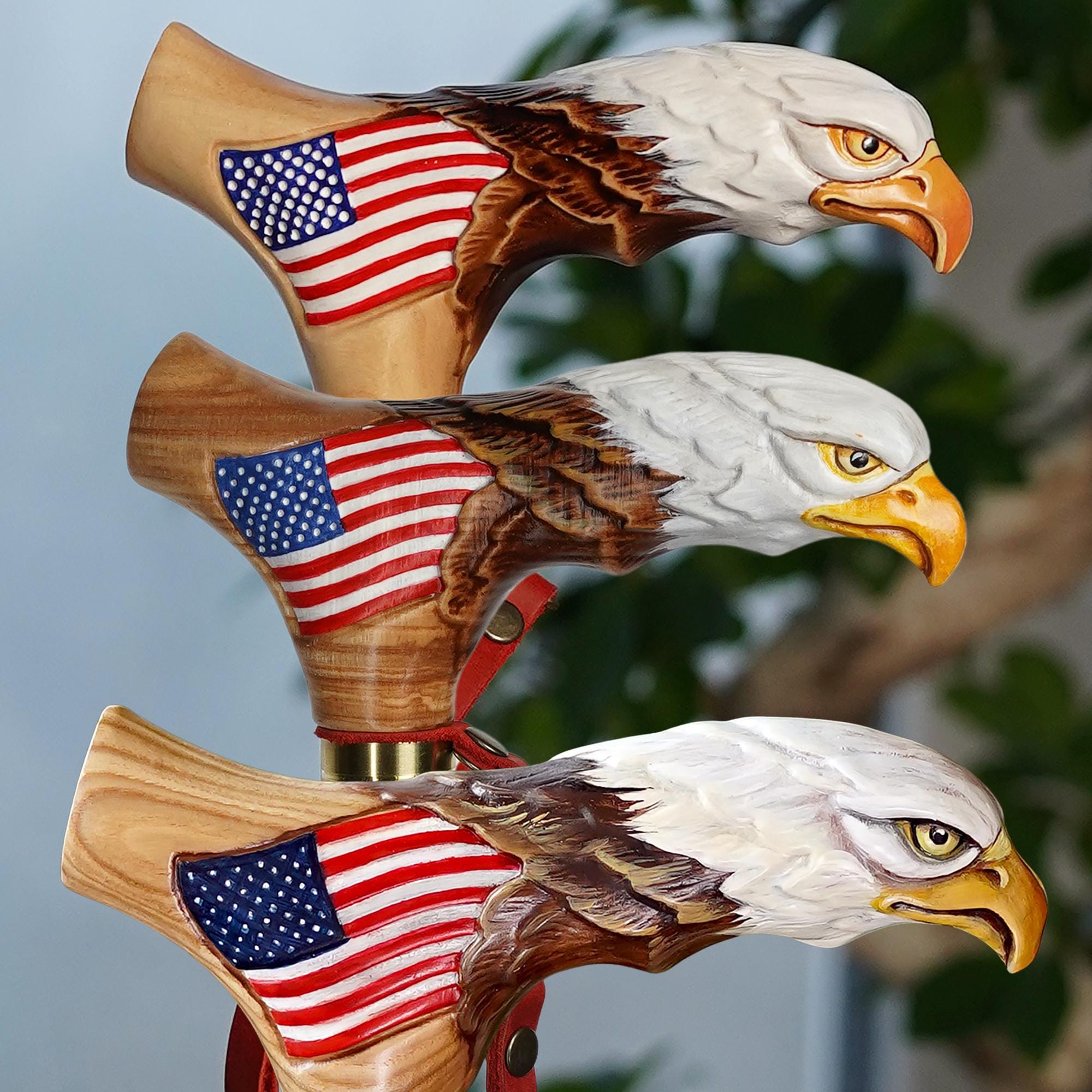 Bald Eagle US Patriotic Light Wood – Hand-Painted Artisan Walking Cane - GCArtis - Lux Hand Painted Canes - Wood, Wooden, Hard wood, Metal, Bronze, Brass, Rubber, wood walking cane