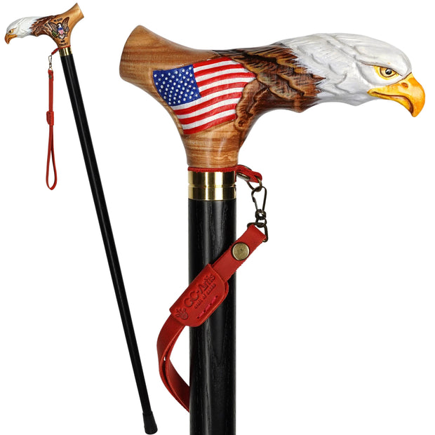 Bald Eagle US Patriotic Light Wood – Hand-Painted Artisan Walking Cane - GCArtis - Lux Hand Painted Canes - Wood, Wooden, Hard wood, Metal, Bronze, Brass, Rubber, wood walking cane