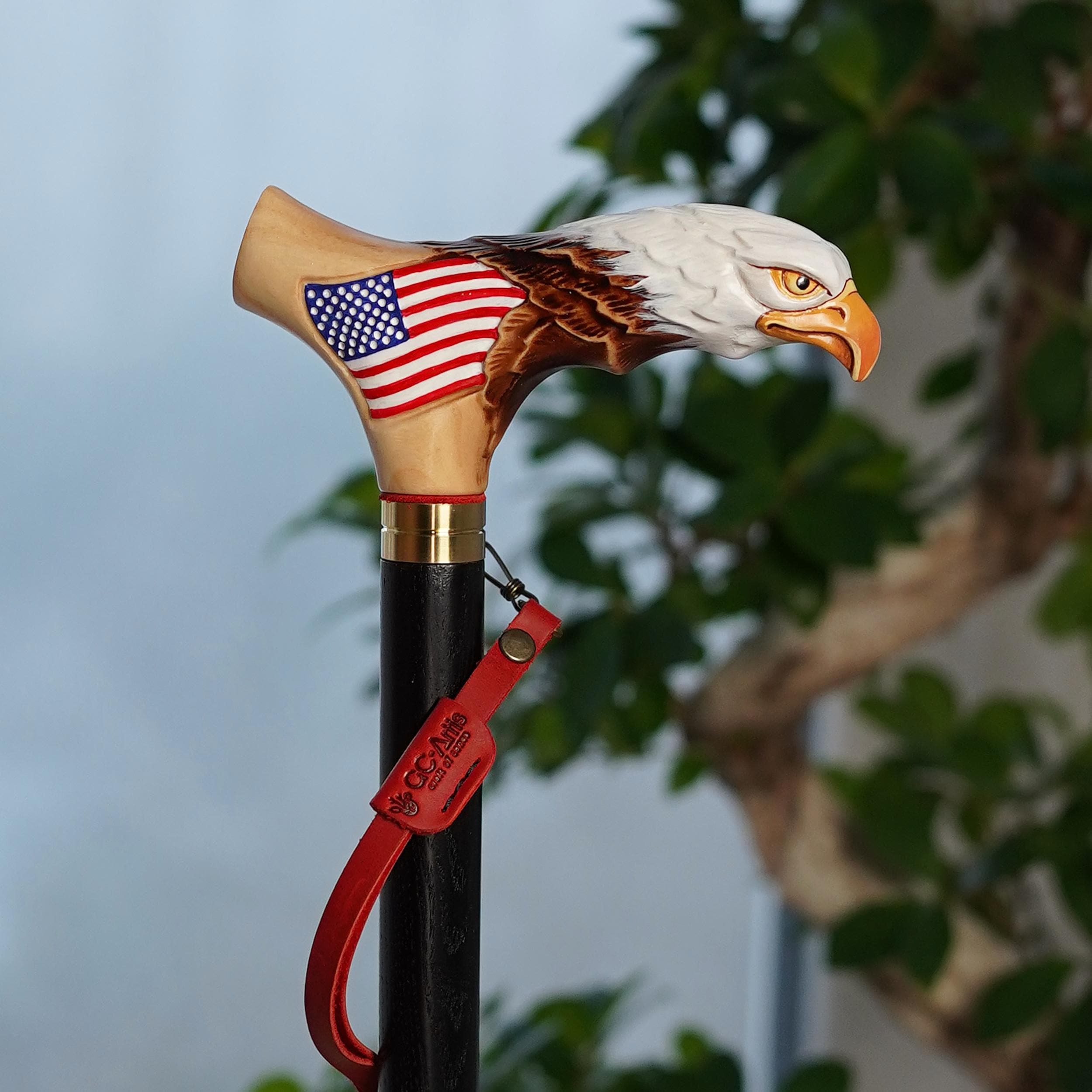 Bald Eagle US Patriotic Light Wood – Hand-Painted Artisan Walking Cane - GCArtis - Lux Hand Painted Canes - Wood, Wooden, Hard wood, Metal, Bronze, Brass, Rubber, wood walking cane
