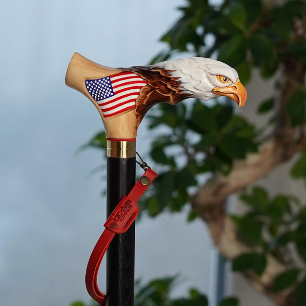 Bald Eagle US Patriotic Light Wood – Hand-Painted Artisan Walking Cane - GCArtis - Lux Hand Painted Canes - Wood, Wooden, Hard wood, Metal, Bronze, Brass, Rubber, wood walking cane