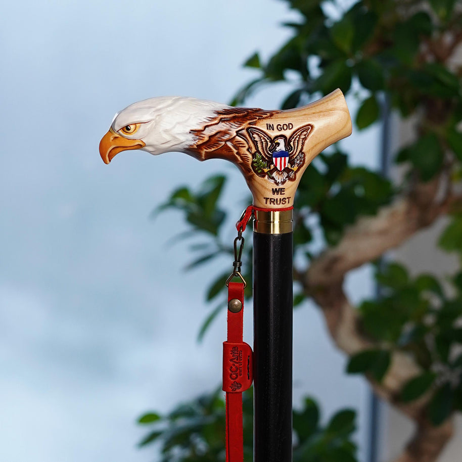 Bald Eagle US Patriotic Light Wood – Hand-Painted Artisan Walking Cane - GCArtis - Lux Hand Painted Canes - Wood, Wooden, Hard wood, Metal, Bronze, Brass, Rubber, wood walking cane