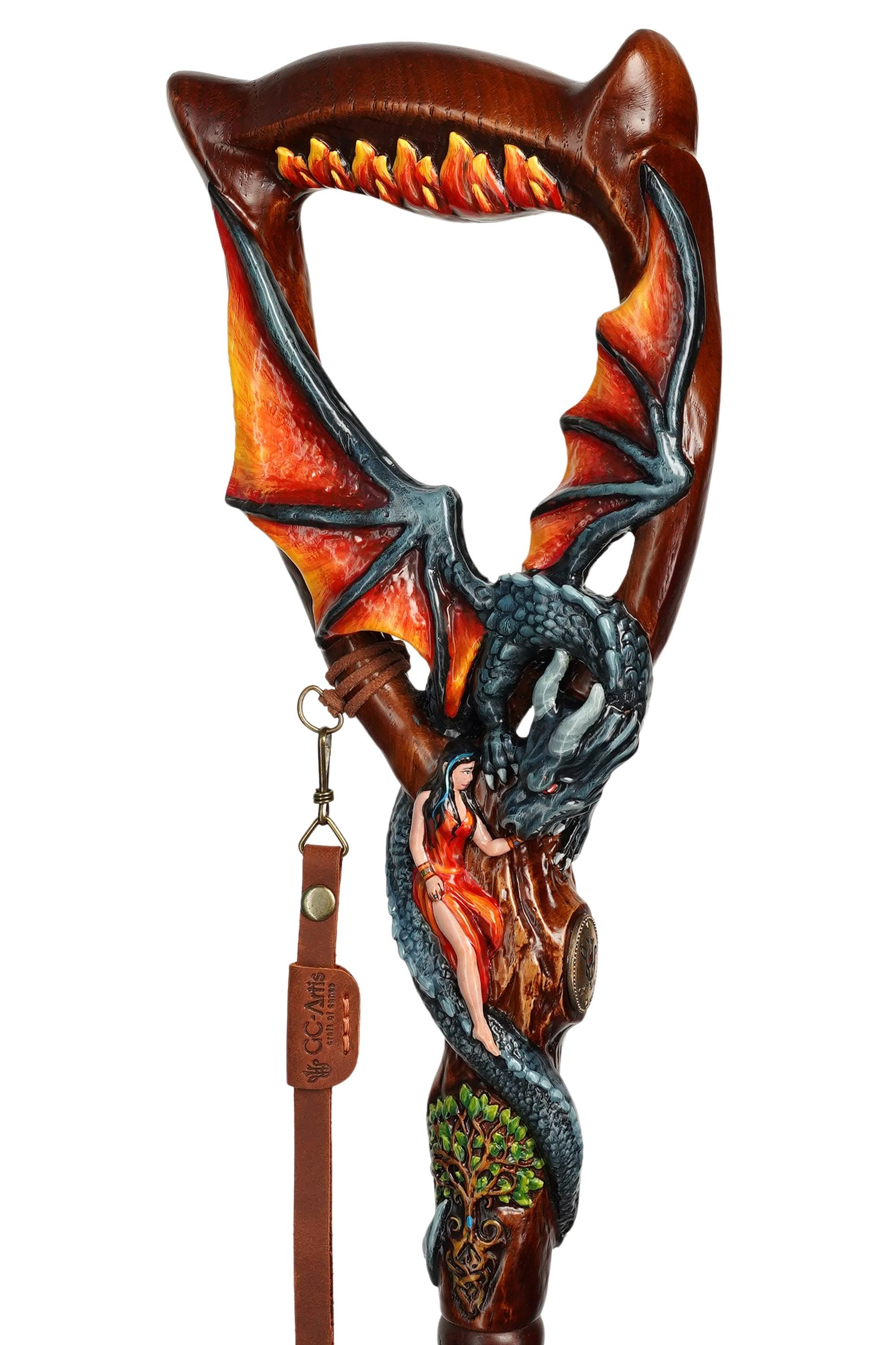 Hand Carved Oak Wood Walking Cane – Black Winged Dragon, Tree of Life Design - GCArtis - Lux Hand Painted Canes - 