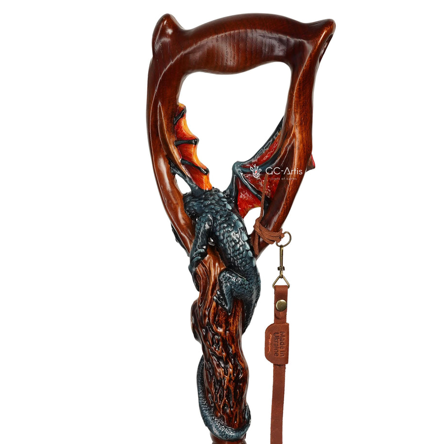 Hand Carved Oak Wood Walking Cane – Black Winged Dragon, Tree of Life Design - GCArtis - Lux Hand Painted Canes - 