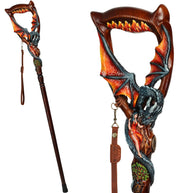 Hand Carved Oak Wood Walking Cane – Black Winged Dragon, Tree of Life Design - GCArtis - Lux Hand Painted Canes - 