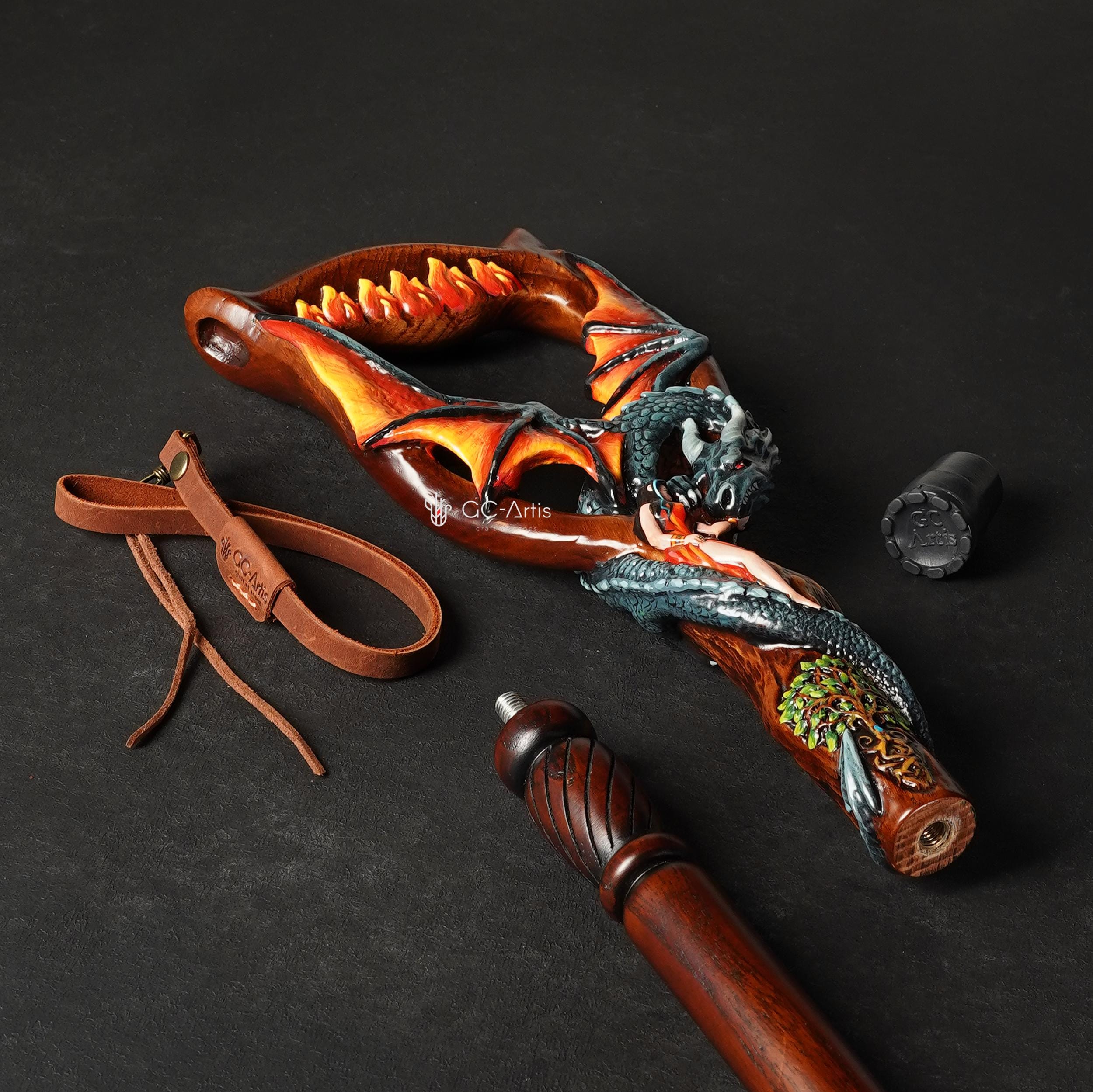 Hand Carved Oak Wood Walking Cane – Black Winged Dragon, Tree of Life Design - GCArtis - Lux Hand Painted Canes - 