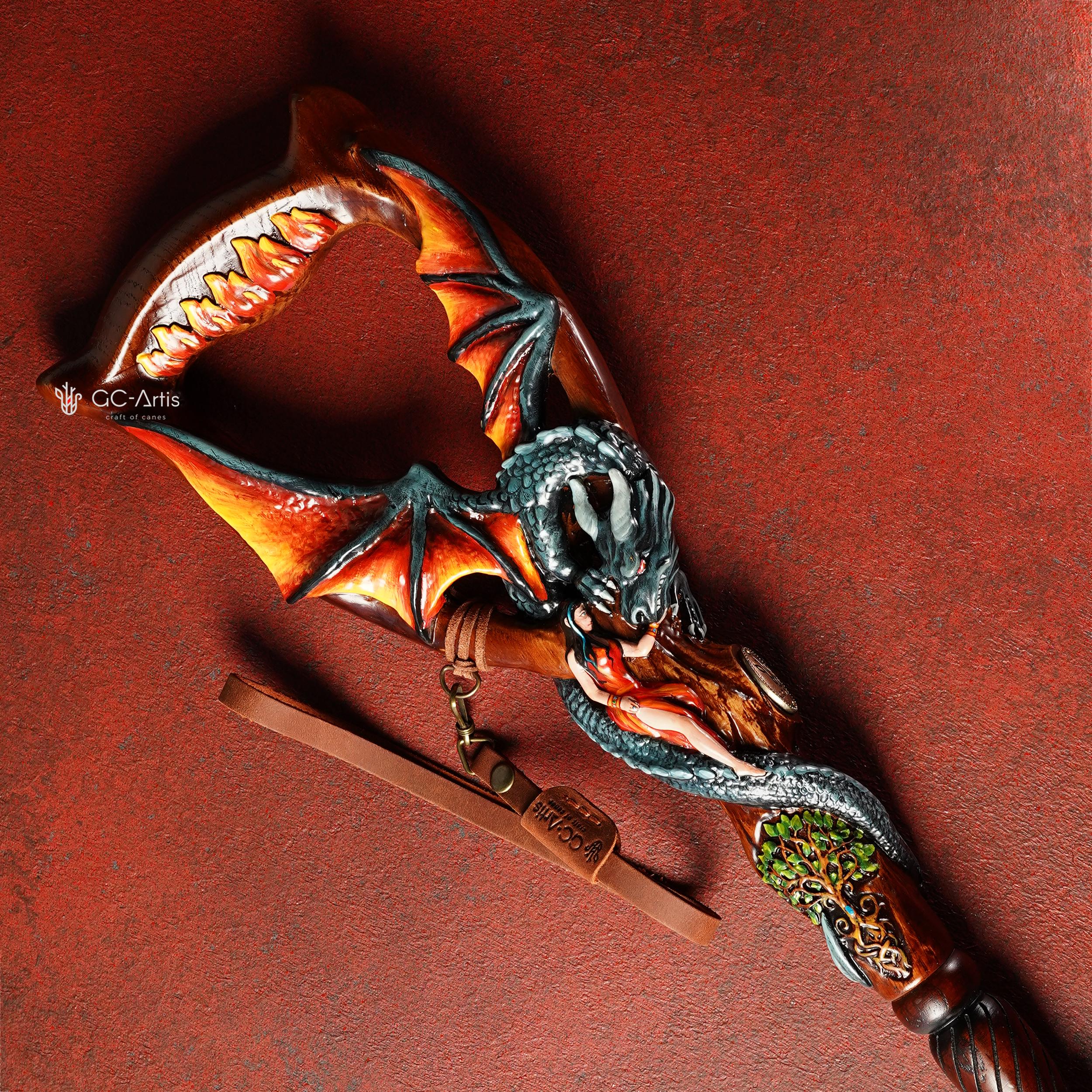 Hand Carved Oak Wood Walking Cane – Black Winged Dragon, Tree of Life Design - GCArtis - Lux Hand Painted Canes - 