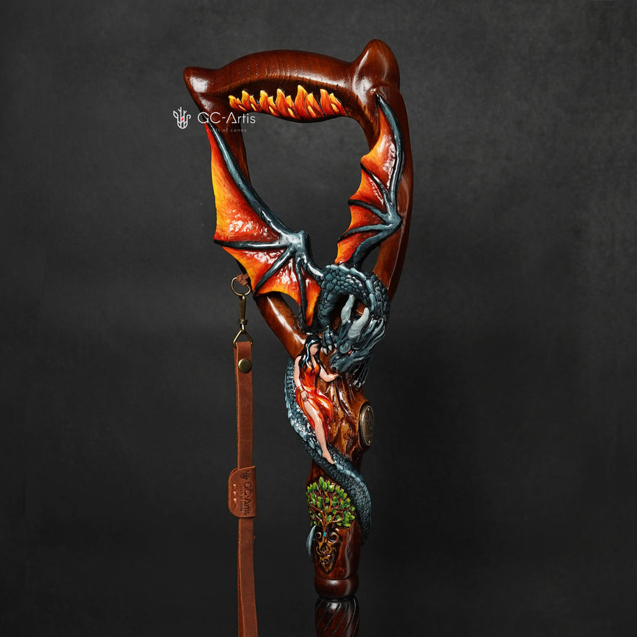 Hand Carved Oak Wood Walking Cane – Black Winged Dragon, Tree of Life Design - GCArtis - Lux Hand Painted Canes - 