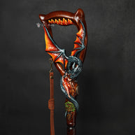Hand Carved Oak Wood Walking Cane – Black Winged Dragon, Tree of Life Design - GCArtis - Lux Hand Painted Canes - 