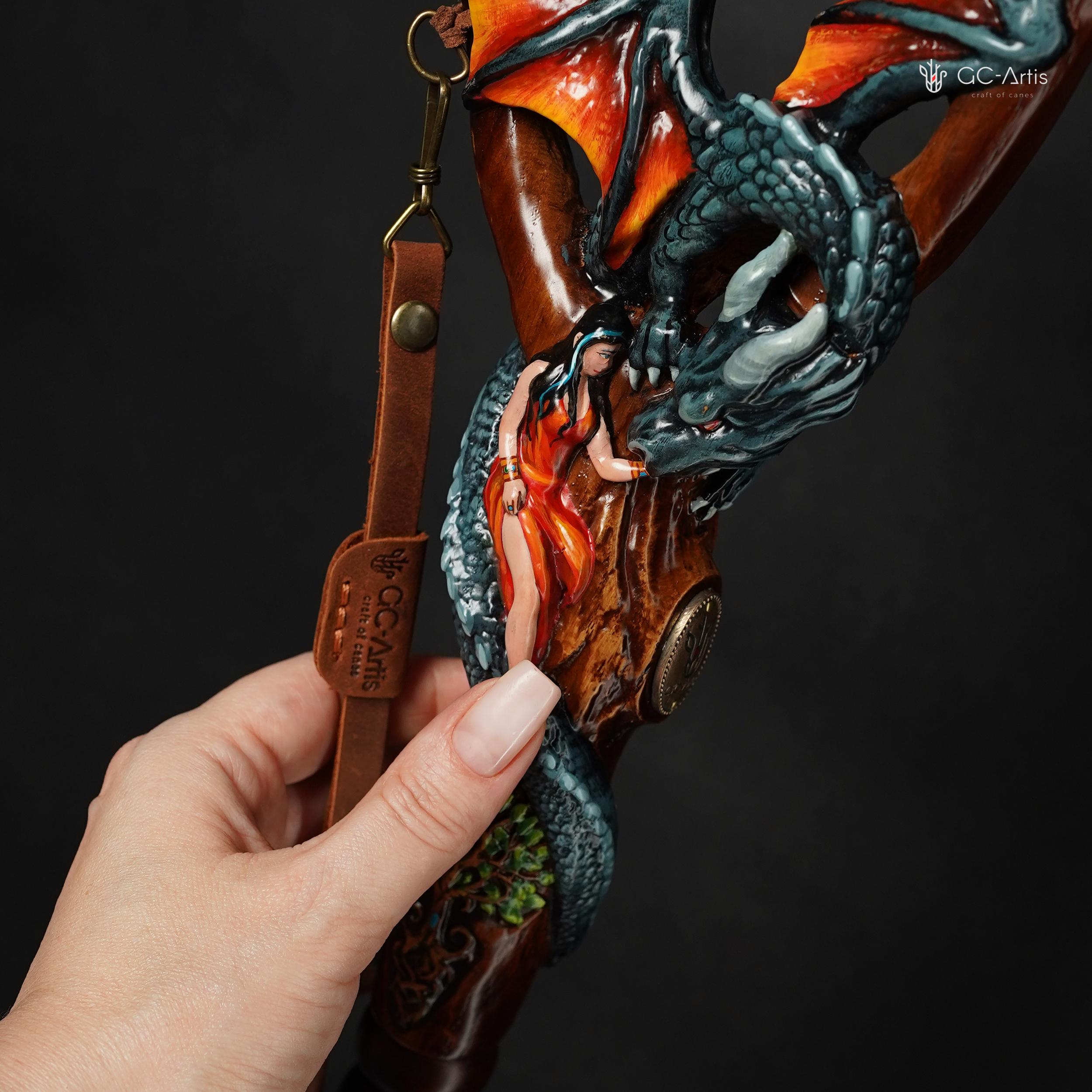 Hand Carved Oak Wood Walking Cane – Black Winged Dragon, Tree of Life Design - GCArtis - Lux Hand Painted Canes - 