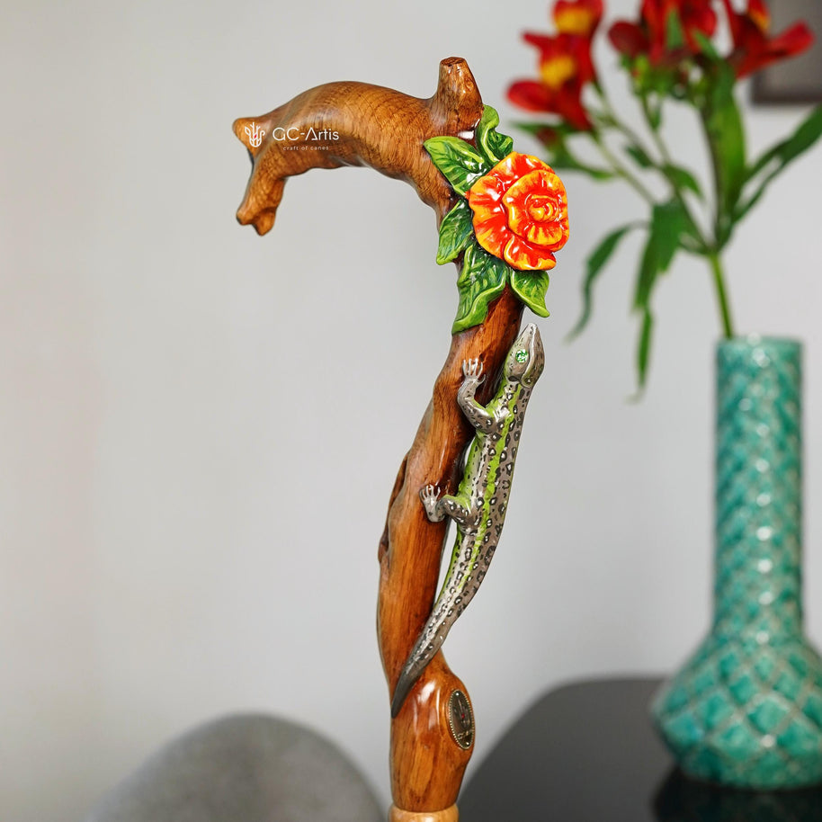 Hand Carved Lizard & Flower Walking Cane – Wooden Walking Stick, Gift for Women - GCArtis - Lux Hand Painted Canes - 