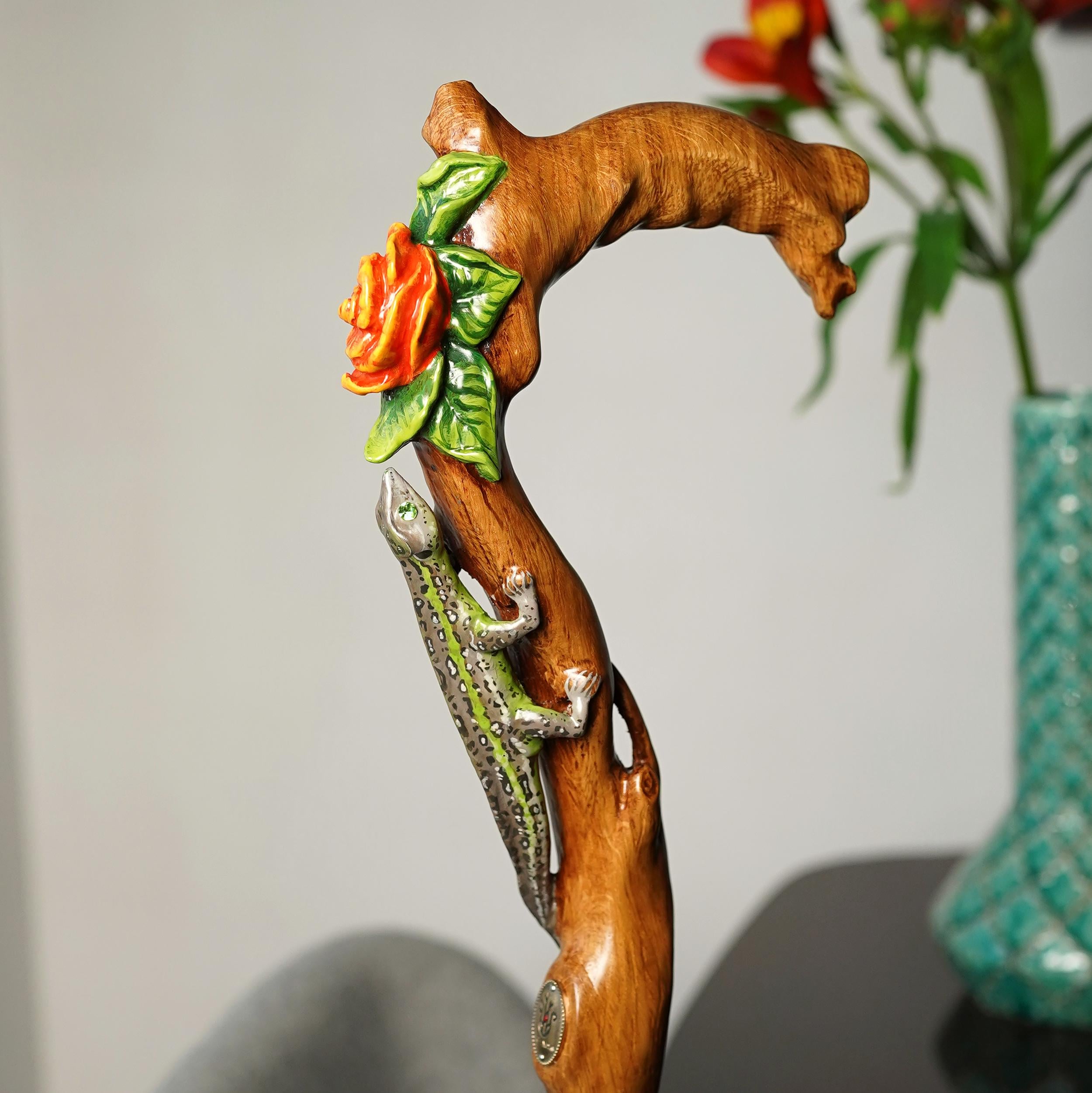 Hand Carved Lizard & Flower Walking Cane – Wooden Walking Stick, Gift for Women - GCArtis - Lux Hand Painted Canes - 
