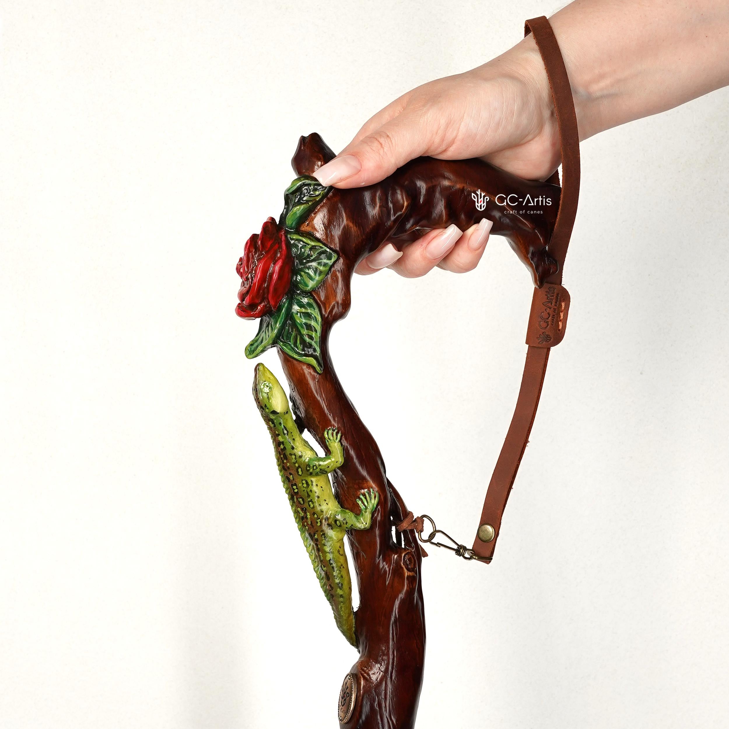 Hand Carved Iguana & Rose Flower Walking Cane – Elegant Wooden Stick - GCArtis - Lux Hand Painted Canes - 