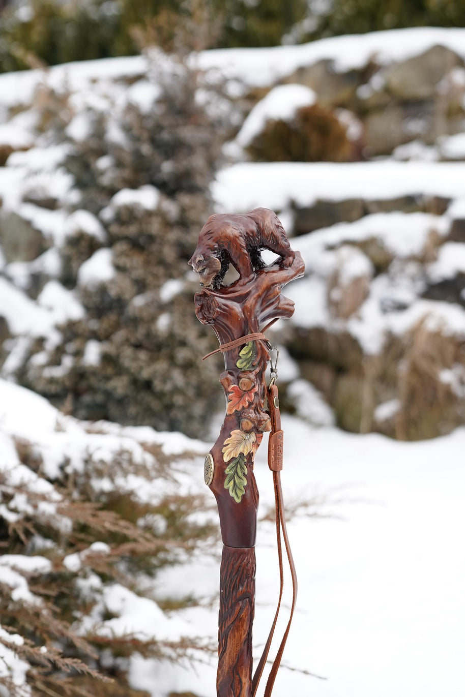 Hand Carved Bear Walking Staff, Hiking Stick: Wooden Cane for Wild Forest - GCArtis - Walking Stick Staff - 