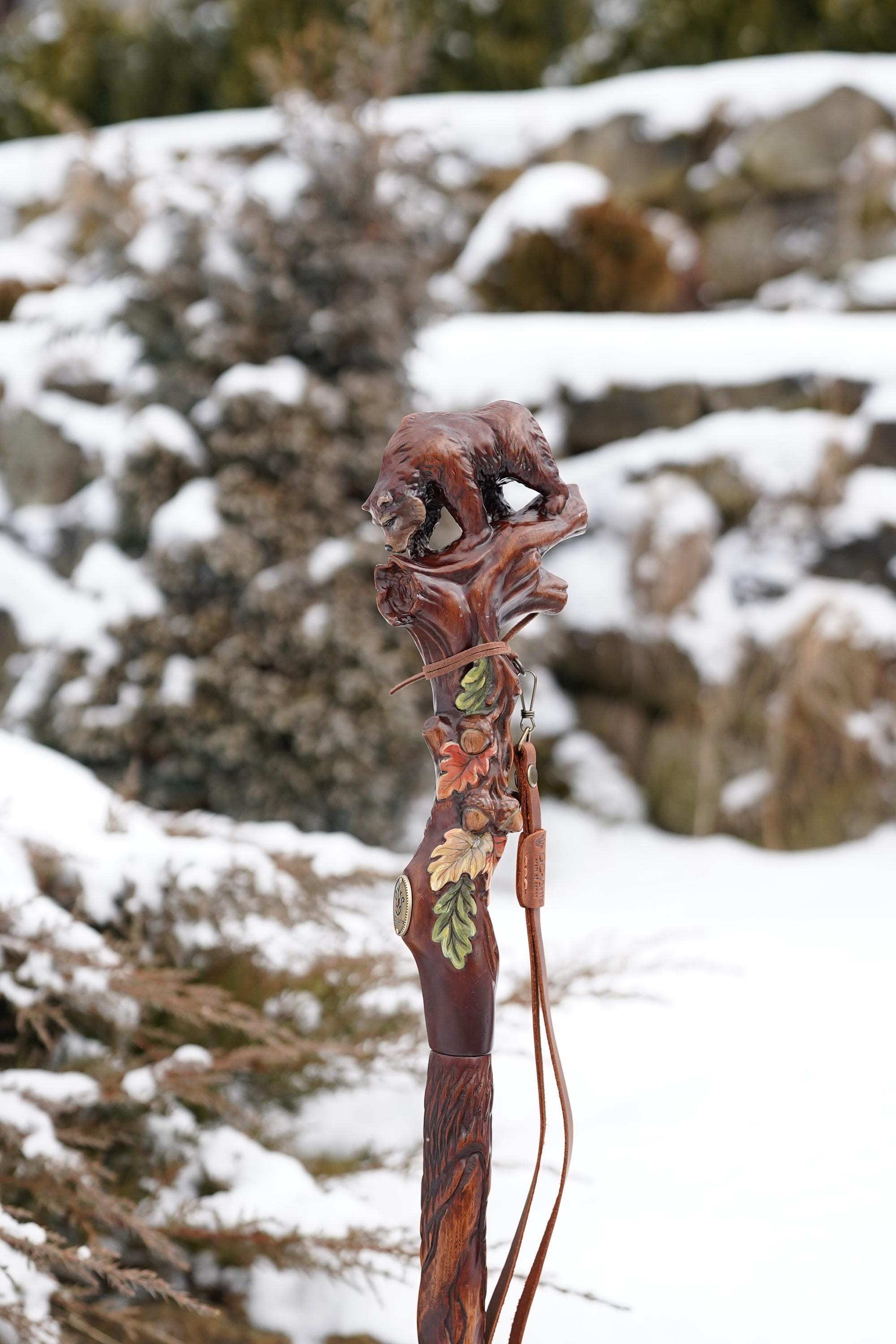 Hand Carved Bear Walking Staff, Hiking Stick: Wooden Cane for Wild Forest - GCArtis - Walking Stick Staff - 
