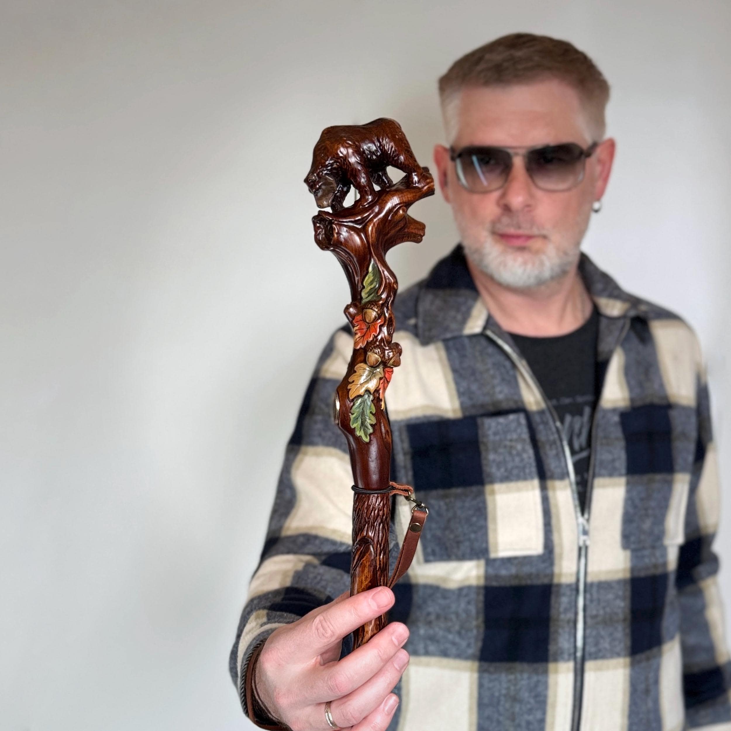 Hand Carved Bear Walking Staff, Hiking Stick: Wooden Cane for Wild Forest - GCArtis - Walking Stick Staff - 
