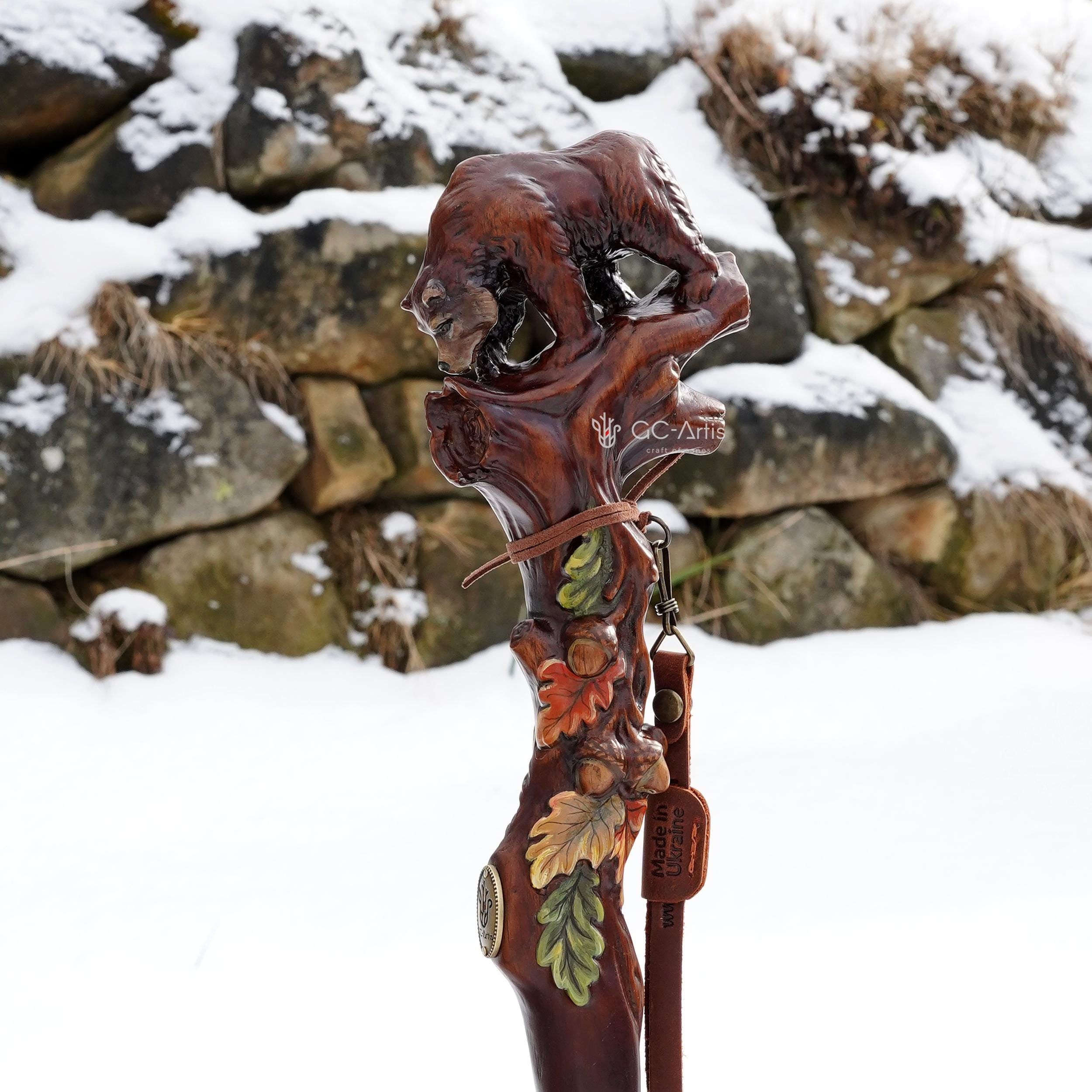 Hand Carved Bear Walking Staff, Hiking Stick: Wooden Cane for Wild Forest - GCArtis - Walking Stick Staff - 