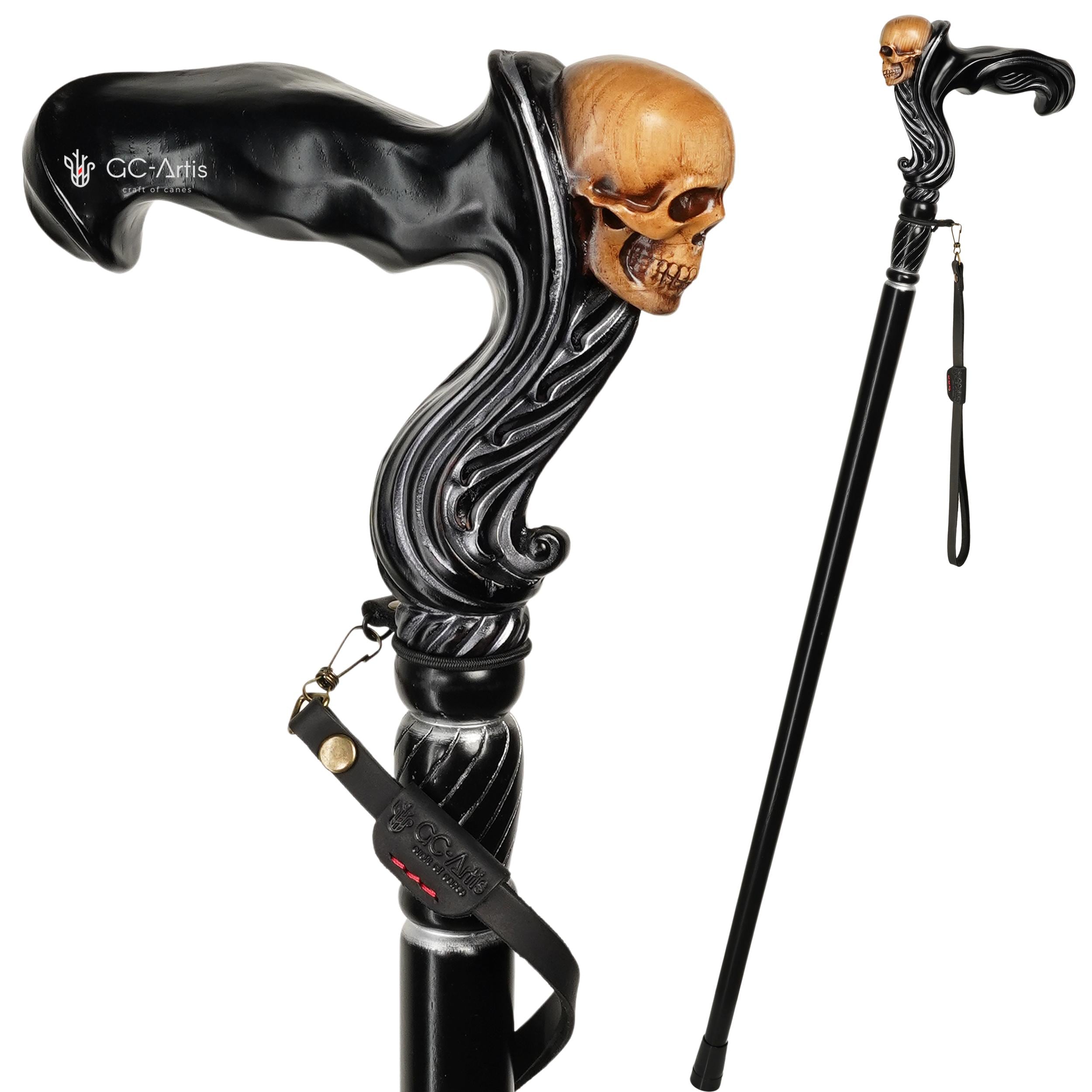 Skull Walking Cane - Ergonomic Wood Carved Gothic Cane - Black edition - GCArtis - Ergonomic Handle Canes - 