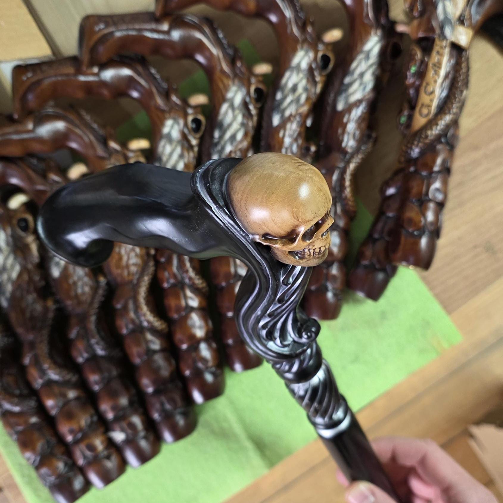 Skull Walking Cane - Ergonomic Wood Carved Gothic Cane - Black edition - GCArtis - Ergonomic Handle Canes - 