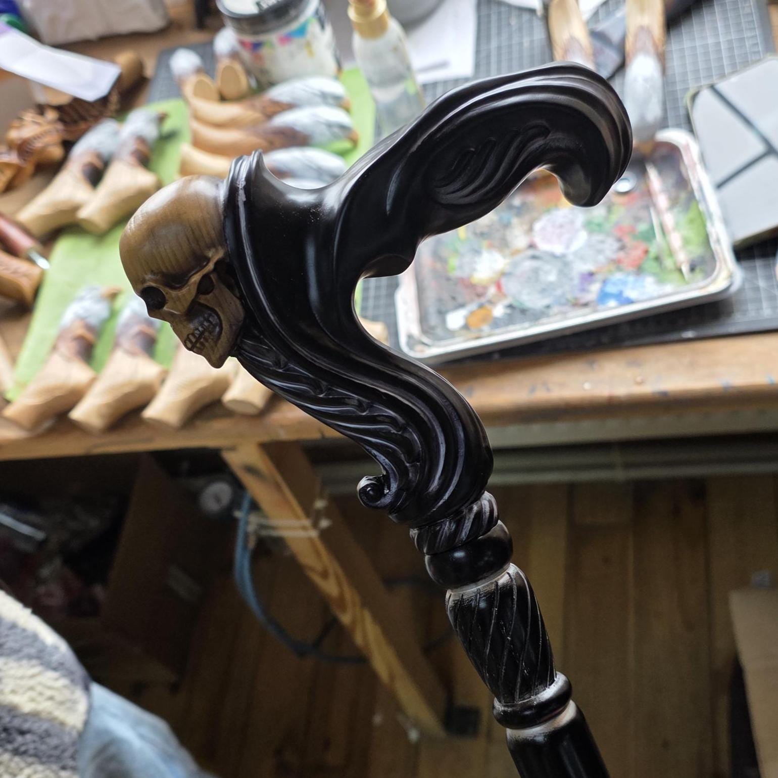 Skull Walking Cane - Ergonomic Wood Carved Gothic Cane - Black edition - GCArtis - Ergonomic Handle Canes - 