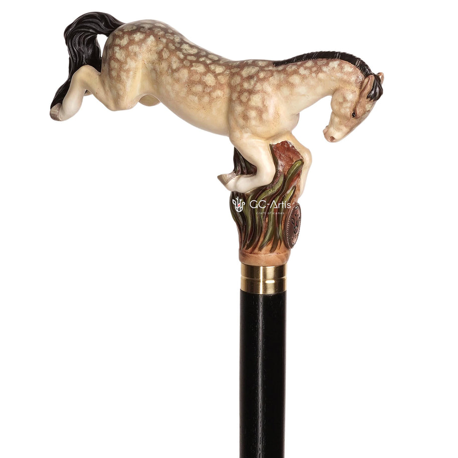 Galloping Champagne Dapple Gray Horse - Wooden Walking Cane Hand-Painted - GCArtis - Lux Hand Painted Canes - 