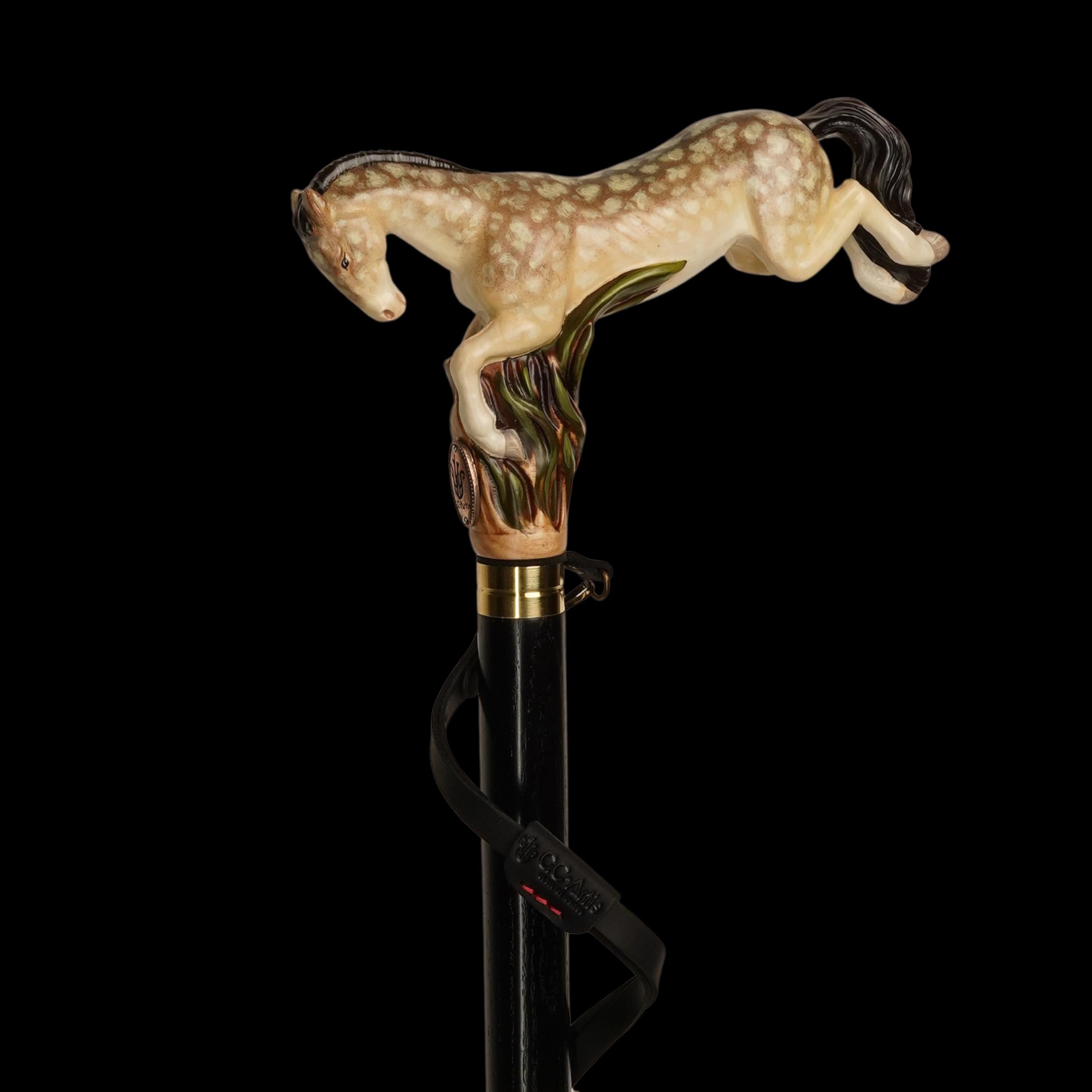 Galloping Champagne Dapple Gray Horse - Wooden Walking Cane Hand-Painted - GCArtis - Lux Hand Painted Canes - 