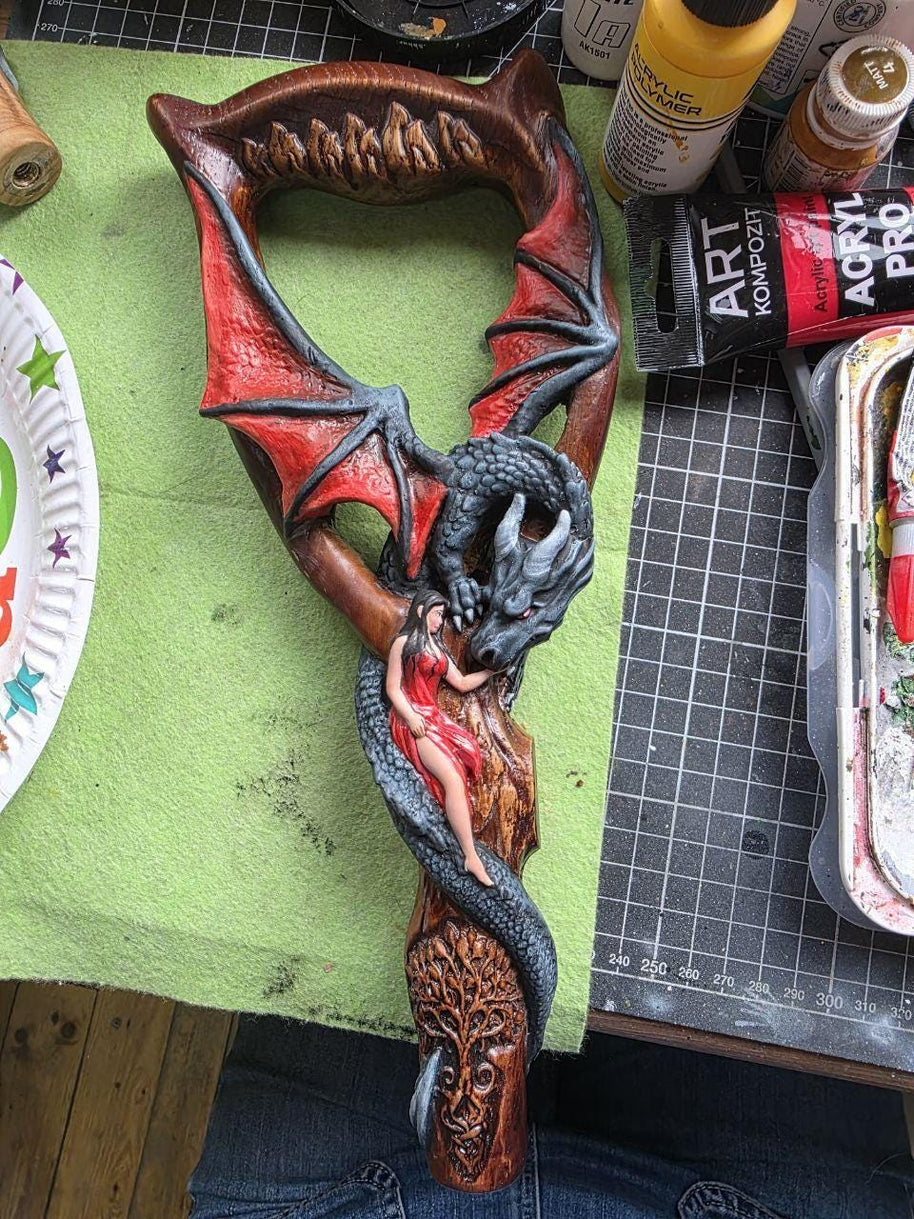 Hand Carved Oak Wood Walking Cane – Black Winged Dragon, Tree of Life Design - GCArtis - Lux Hand Painted Canes - 